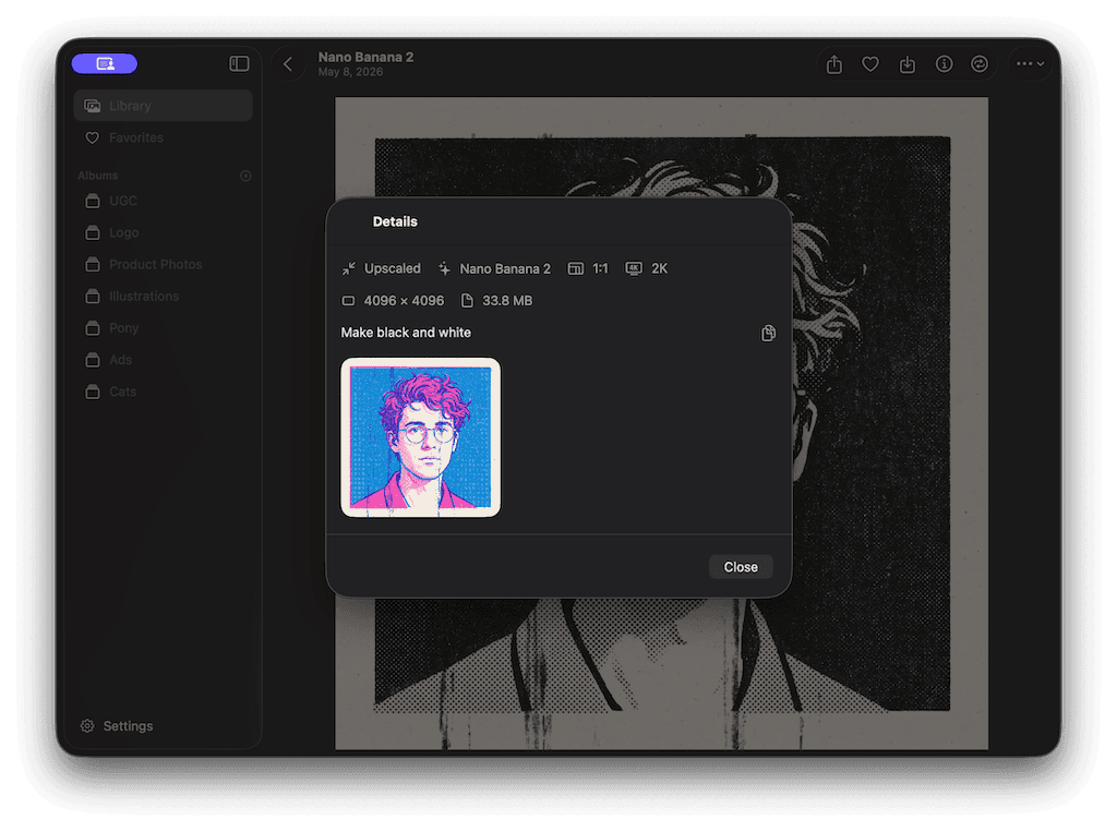 Majik generation details with prompt, model, and source image